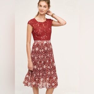 Anthropologie Women’s Arcadia Red Lace Floral Midi Dress size 0